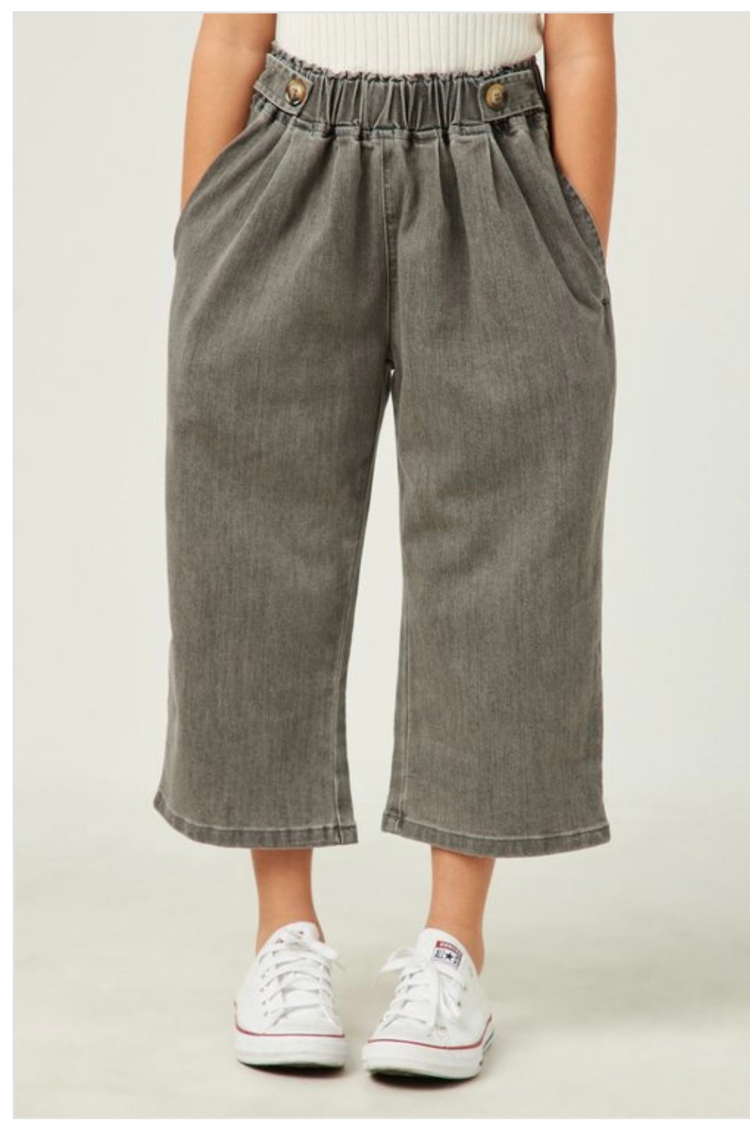 Button Detail Wide Leg Denim Pants