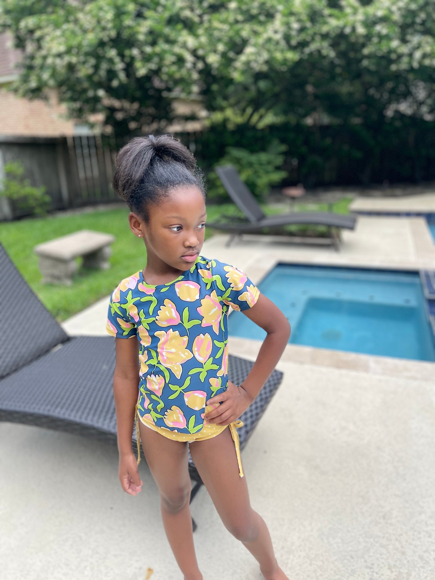 Mustard Floral Rash Guard Swimsuit