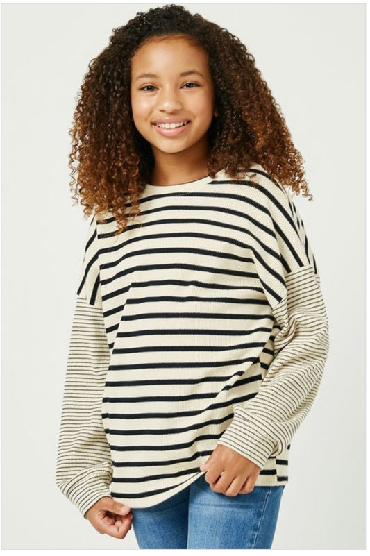 Girls Contrast Stripe Sleeve Textured Knit Top