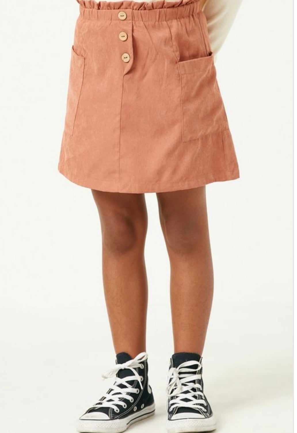Girls Brushed Button Detail Patch Pocket Paper Bag Skirt