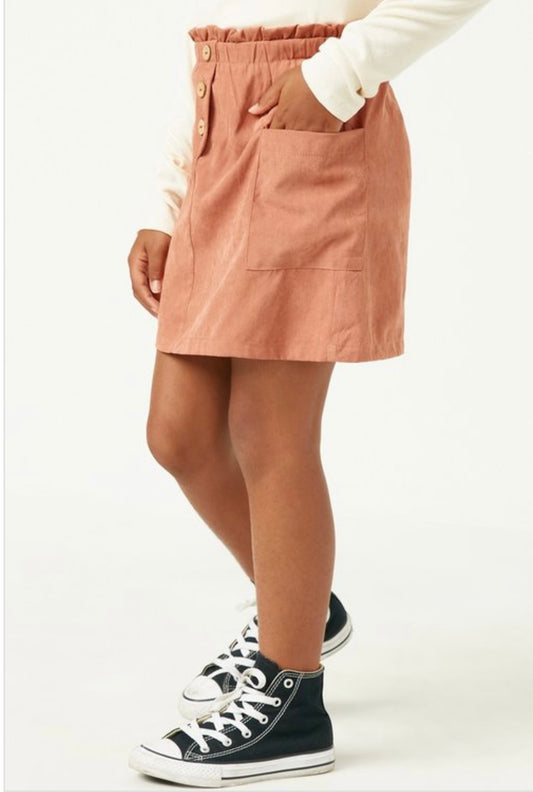 Girls Brushed Button Detail Patch Pocket Paper Bag Skirt