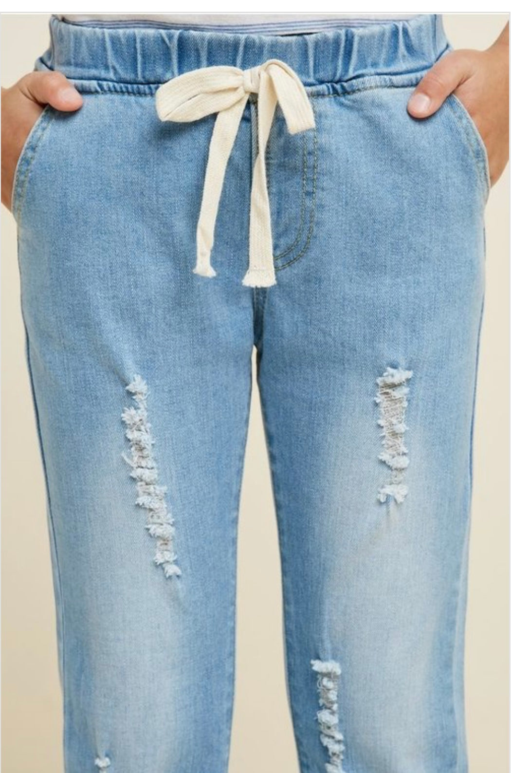 Girls Distressed Drawstring Denim Jeans