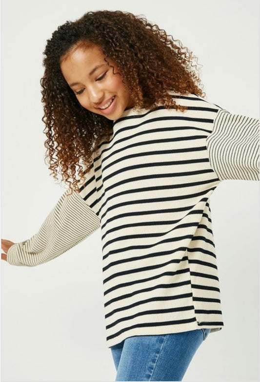 Girls Contrast Stripe Sleeve Textured Knit Top