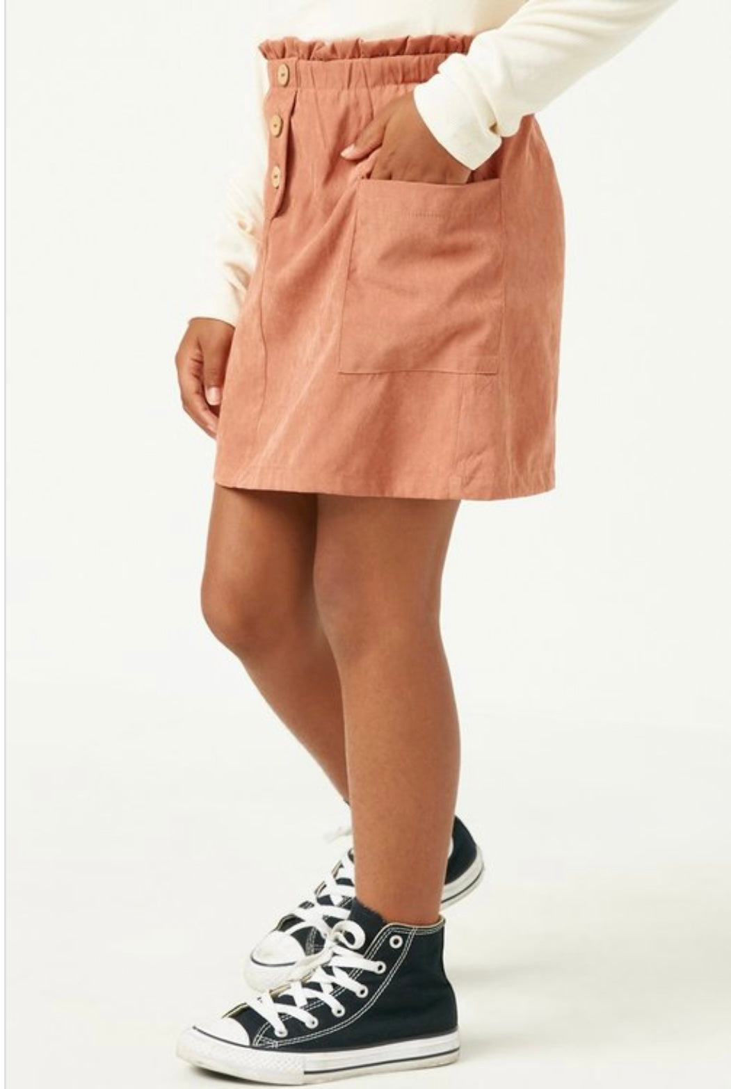 Girls Brushed Button Detail Patch Pocket Paper Bag Skirt